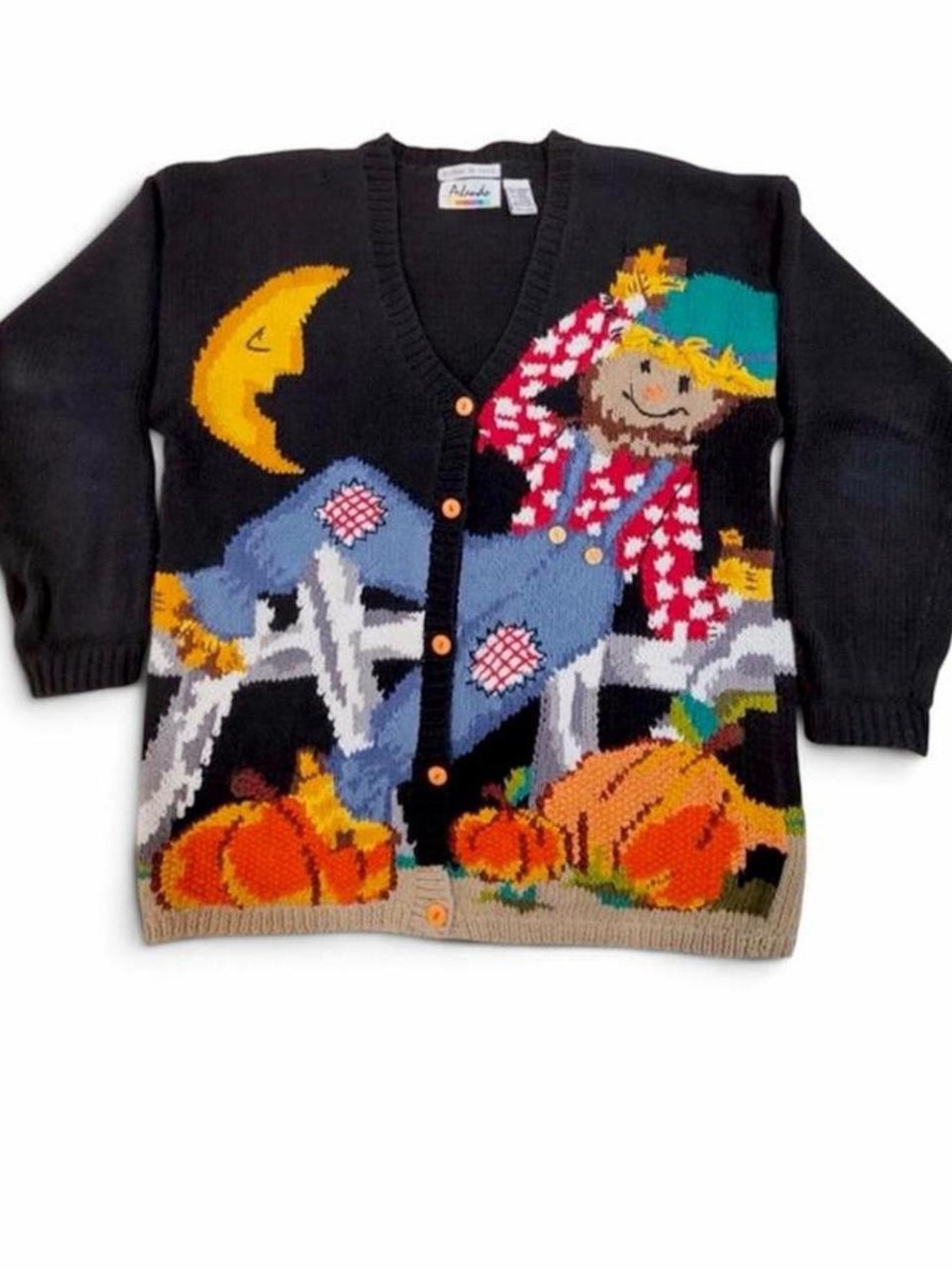 Vintage Arlando 80s/90s Halloween Scarecrow Hand-knit Button Cardigan Sweater XL